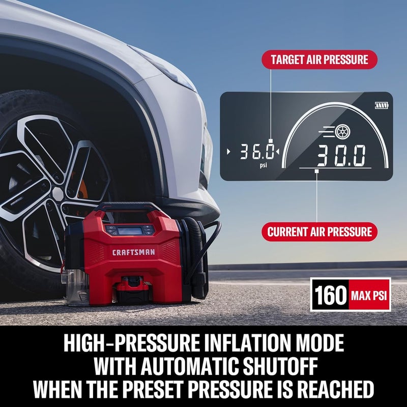 CRAFTSMAN مضخة هواء 3 في 1، 160 PSI ضاغط هواء محمول/مكنسة سيارات/نفاثة غبار، 20 فولت لاسلكية و12 فولت طاقة سيارة، مضخة هواء مع ضوء LED للسيارات والشاحنات وإطارات RV (البطارية تباع بشكل منفصل) - Image 4